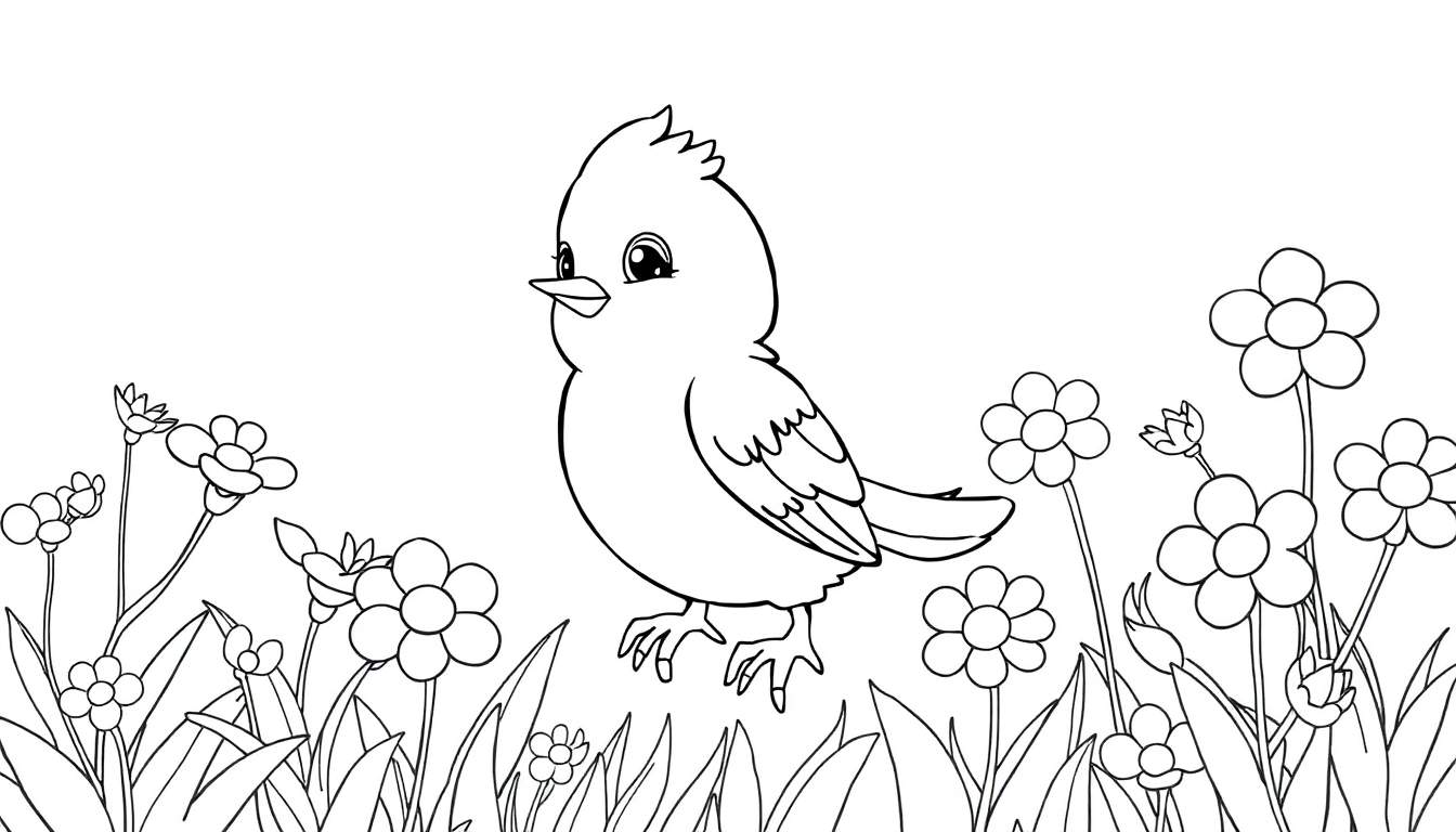 Um pássaro preto e branco com uma pequena crista, em pé em um campo de flores com grama, em um desenho simples.