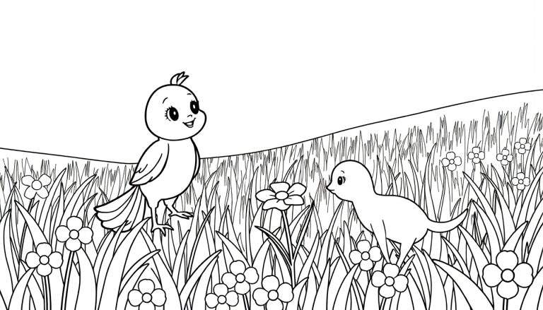 Um pássaro sorridente e um filhote de pássaro numa paisagem de relva alta com flores, tudo em preto e branco para colorir.