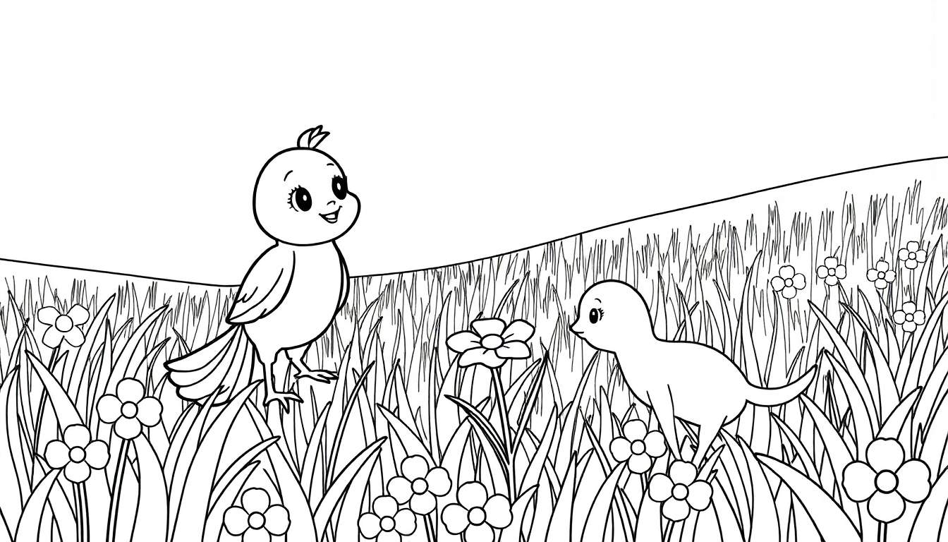 Um pássaro sorridente e um filhote de pássaro numa paisagem de relva alta com flores, tudo em preto e branco para colorir.