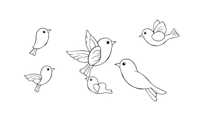 Desenhos a traço de seis pássaros em diferentes poses, num color panel.