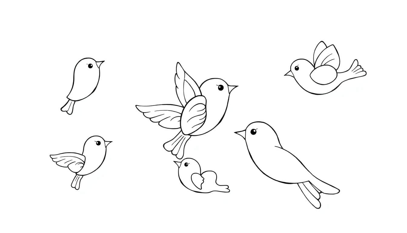 Desenhos a traço de seis pássaros em diferentes poses, num color panel.