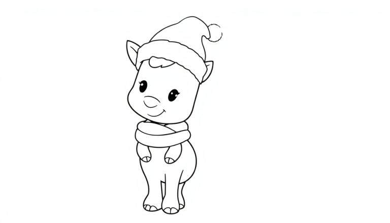 Desenho de uma rena fofa com chapéu de Papai Noel e cachecol, pronta para colorir.