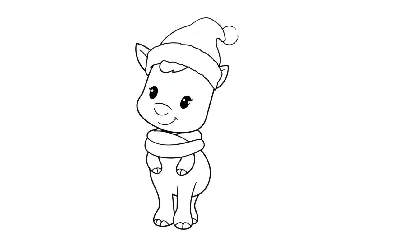 Desenho de uma rena fofa com chapéu de Papai Noel e cachecol, pronta para colorir.