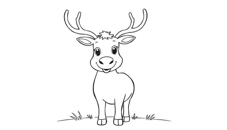 Desenho de uma rena amigável sorrindo, pronta para ser colorida em um color panel.