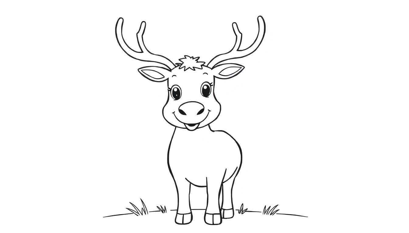 Desenho de uma rena amigável sorrindo, pronta para ser colorida em um color panel.