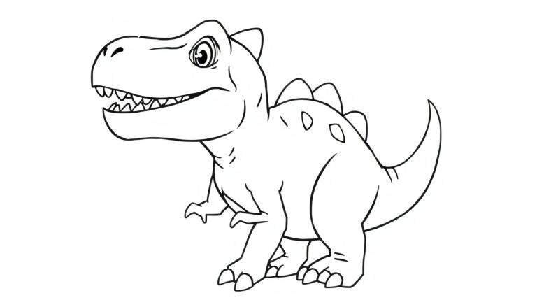Desenho em preto e branco de um T-Rex amigável sorrindo, com pequenos braços, cauda enrolada e formas ovais nas costas. Pés visíveis no chão. Fundo branco.