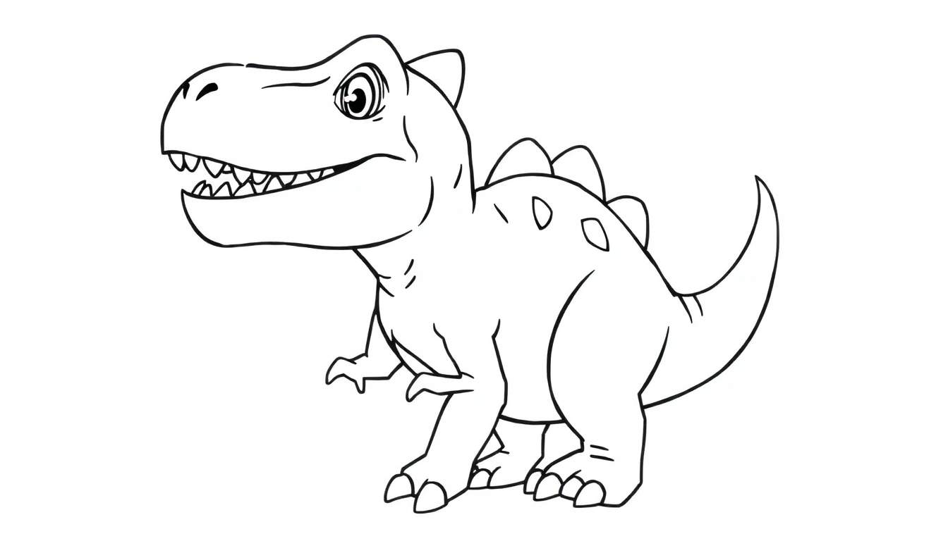 Desenho em preto e branco de um T-Rex amigável sorrindo, com pequenos braços, cauda enrolada e formas ovais nas costas. Pés visíveis no chão. Fundo branco.