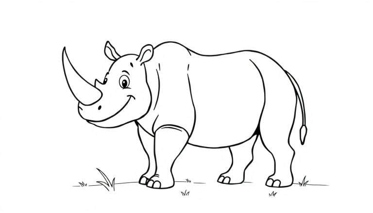 Um desenho em preto e branco de um rinoceronte feliz sorrindo, pronto para ser colorido, com um color panel.