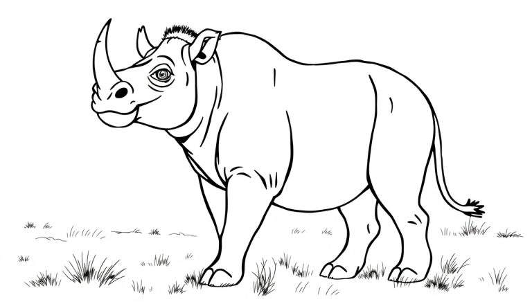 Um rinoceronte de desenho animado preto e branco, com contornos grossos, dois chifres no nariz e uma pequena juba, em pé num campo com grama esparsa. Um color panel para pintar.
