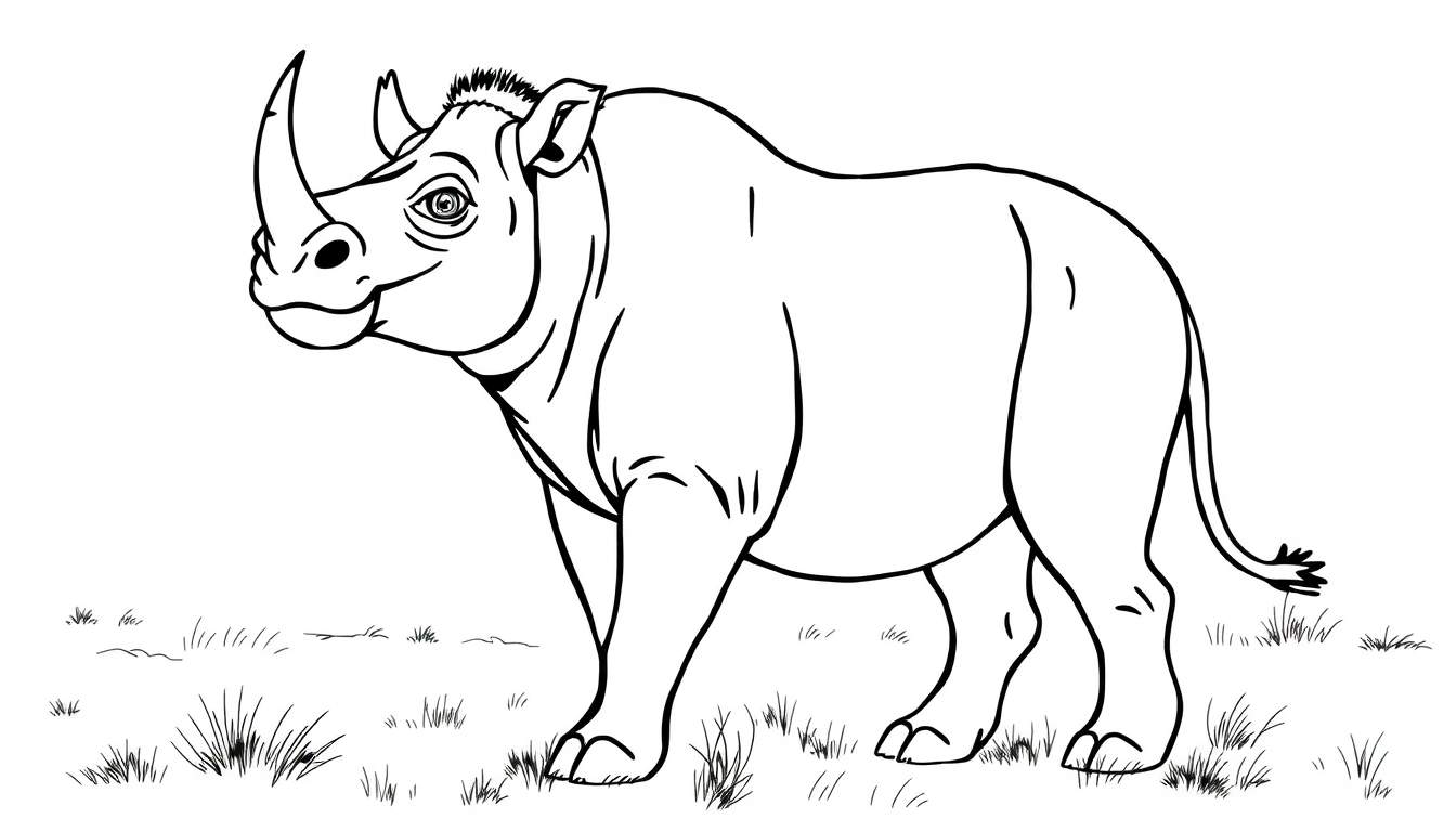 Um rinoceronte de desenho animado preto e branco, com contornos grossos, dois chifres no nariz e uma pequena juba, em pé num campo com grama esparsa. Um color panel para pintar.