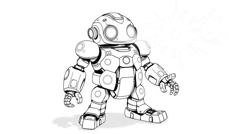 Um robô simples, desenhado em linha preta com sombreamento mínimo, tem uma cabeça redonda com duas grandes lentes oculares. Seu corpo é segmentado e arredondado, com braços e pernas articulados. O robô está sobre um fundo branco com um padrão de linhas radiais tênues e uma sombra suave à sua esquerda.