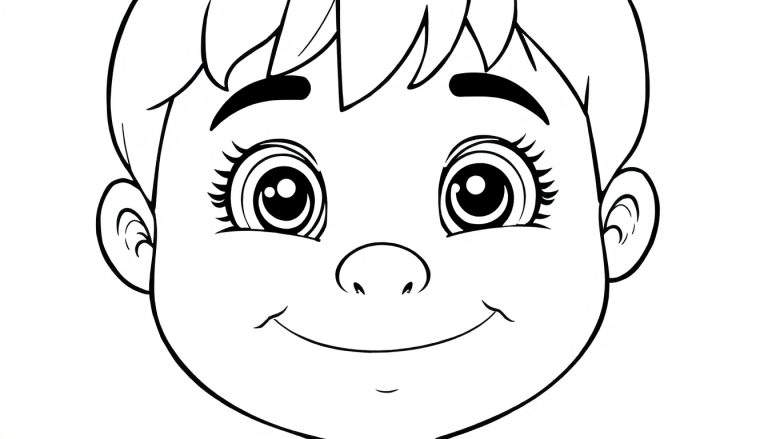 Um desenho a preto e branco de um rosto de criança sorridente e amigável com cabelo espetado e grandes olhos expressivos, pronto para ser preenchido com cores vibrantes num color panel.