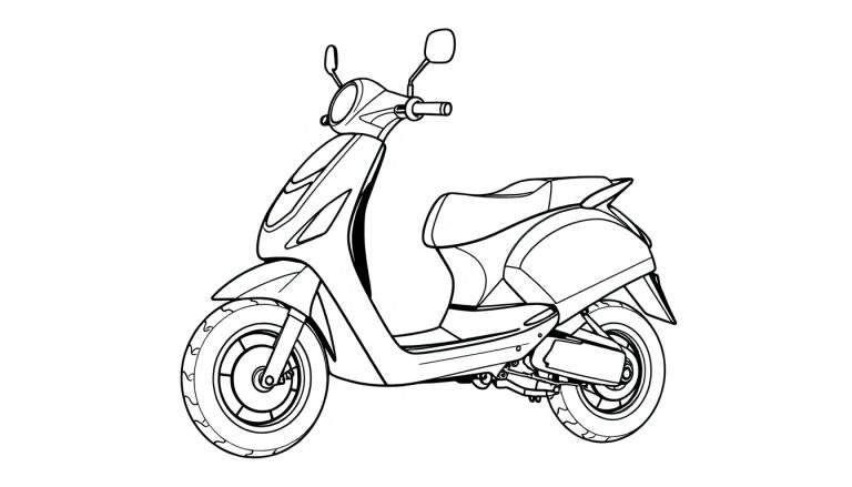 Desenho em preto e branco de uma scooter moderna com pneus detalhados, mostrando um color panel.