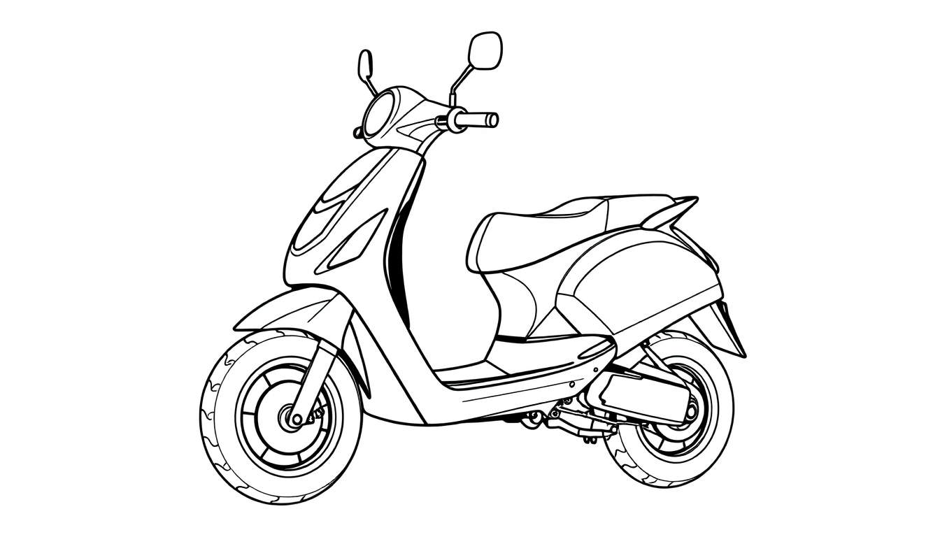 Desenho em preto e branco de uma scooter moderna com pneus detalhados, mostrando um color panel.