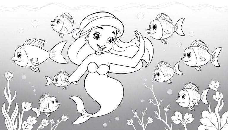 Desenho de uma sereia sorridente cercada por peixes para colorir, num painel de cores com elementos subaquáticos.
