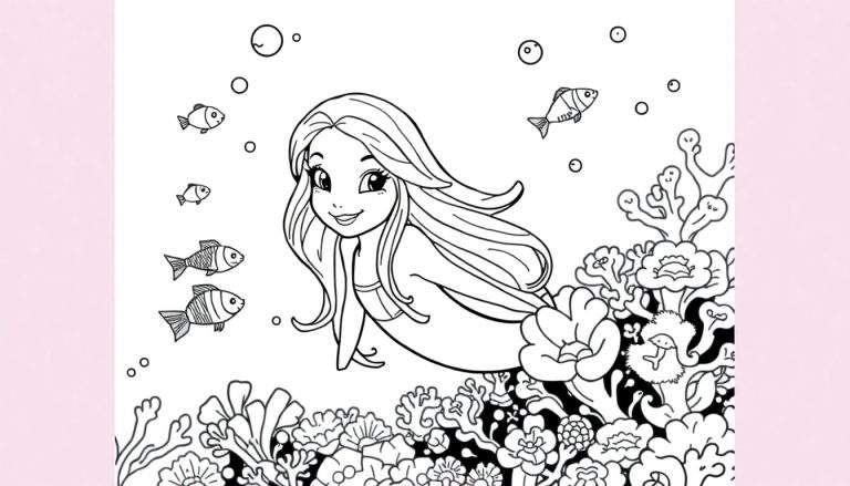 Ilustração em preto e branco de uma sereia sorrindo, rodeada por peixes, bolhas e um recife de coral, com uma margem rosa.