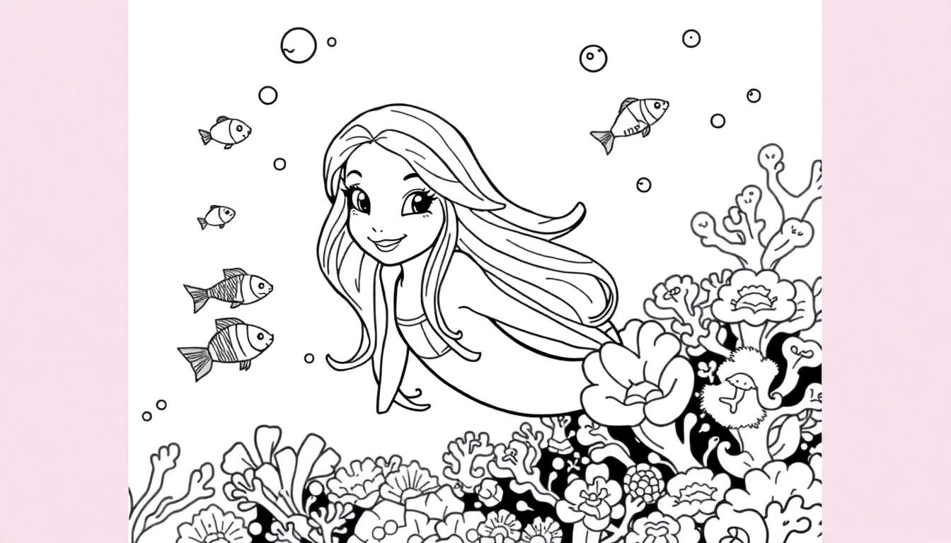 Ilustração em preto e branco de uma sereia sorrindo, rodeada por peixes, bolhas e um recife de coral, com uma margem rosa.