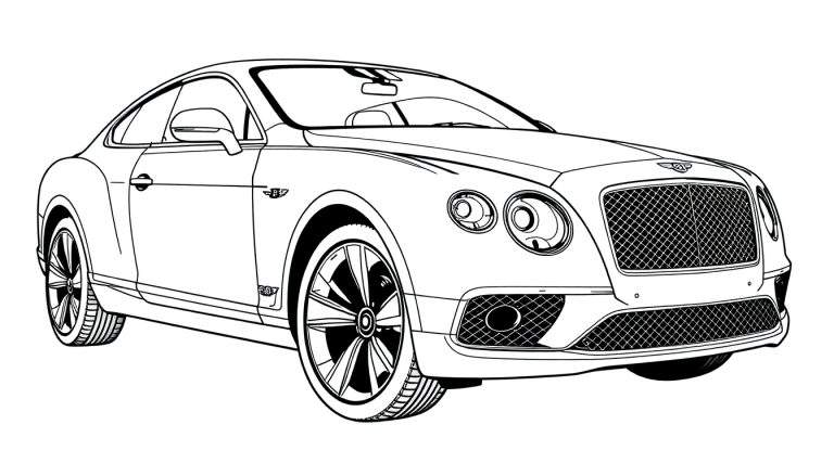 Desenho de um Bentley Continental GT preto e branco para colorir, com um painel de cores sugerido.
