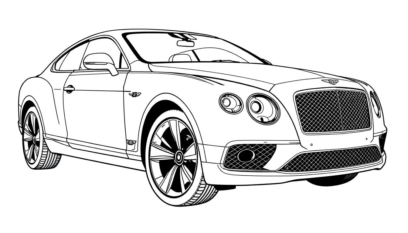 Desenho de um Bentley Continental GT preto e branco para colorir, com um painel de cores sugerido.