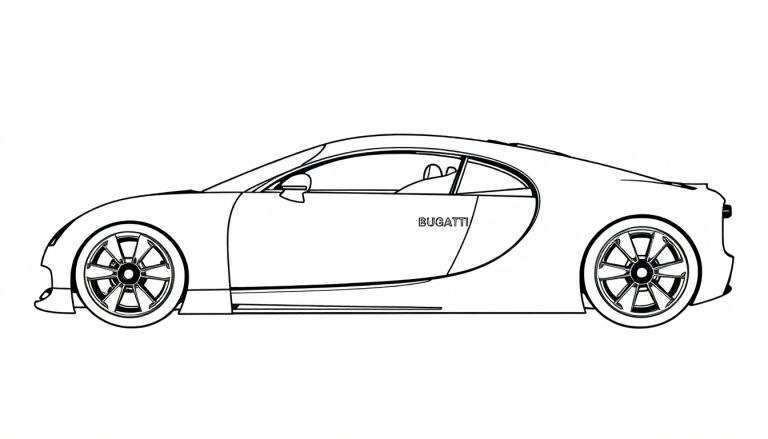Desenho em preto e branco de um carro Bugatti de lado, com a palavra BUGATTI escrita.