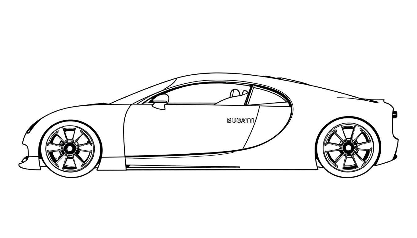Desenho em preto e branco de um carro Bugatti de lado, com a palavra BUGATTI escrita.
