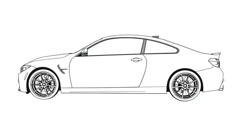 Um elegante carro cupê esportivo preto e branco, com linhas aerodinâmicas, um aerofólio traseiro e rodas de múltiplos raios, pronto para ser pintado.