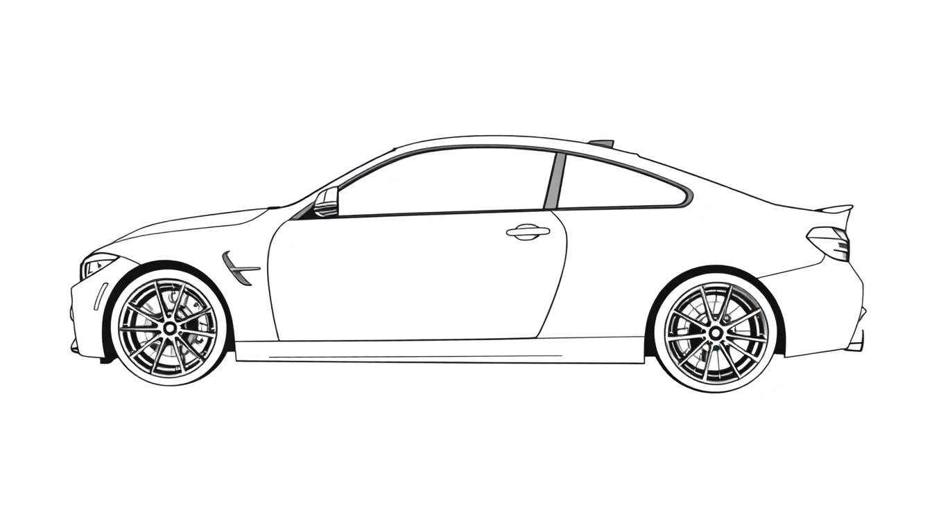 Um elegante carro cupê esportivo preto e branco, com linhas aerodinâmicas, um aerofólio traseiro e rodas de múltiplos raios, pronto para ser pintado.