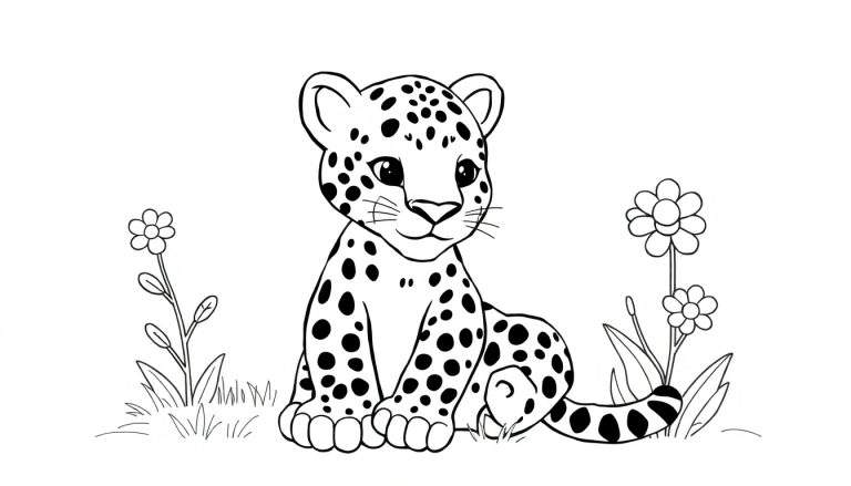 Um filhote de leopardo em preto e branco com manchas, sentado na grama com flores, pronto para colorir.