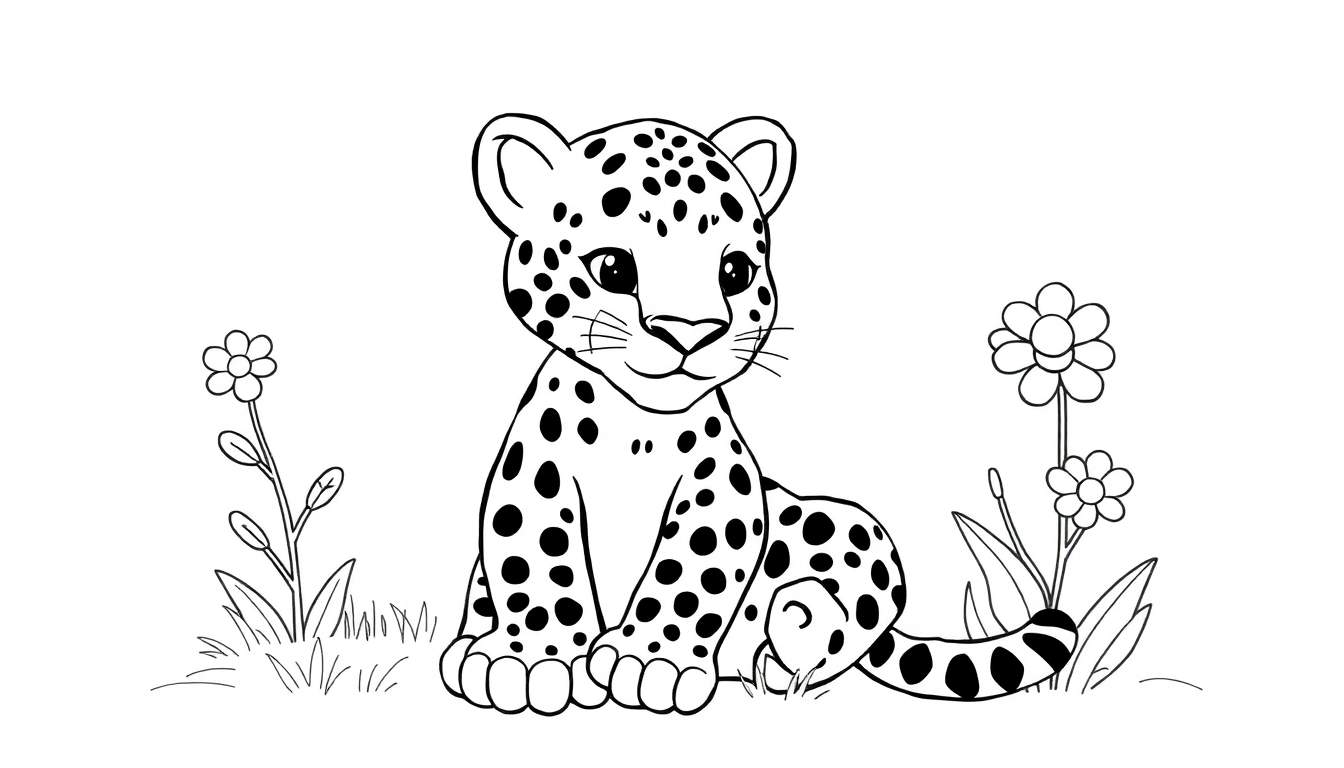 Um filhote de leopardo em preto e branco com manchas, sentado na grama com flores, pronto para colorir.
