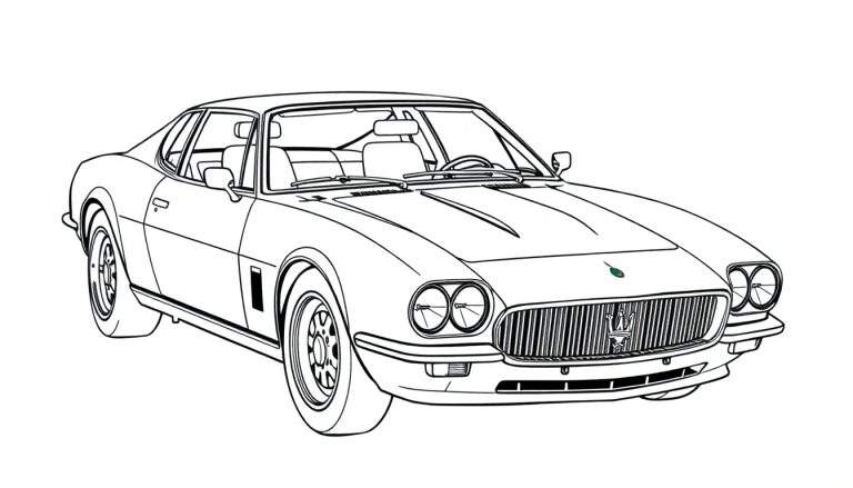 Desenho de linha de um carro esportivo vintage com capô longo, teto coupé e rodas arredondadas. Possui faróis duplos, grade vertical e espelhos laterais.