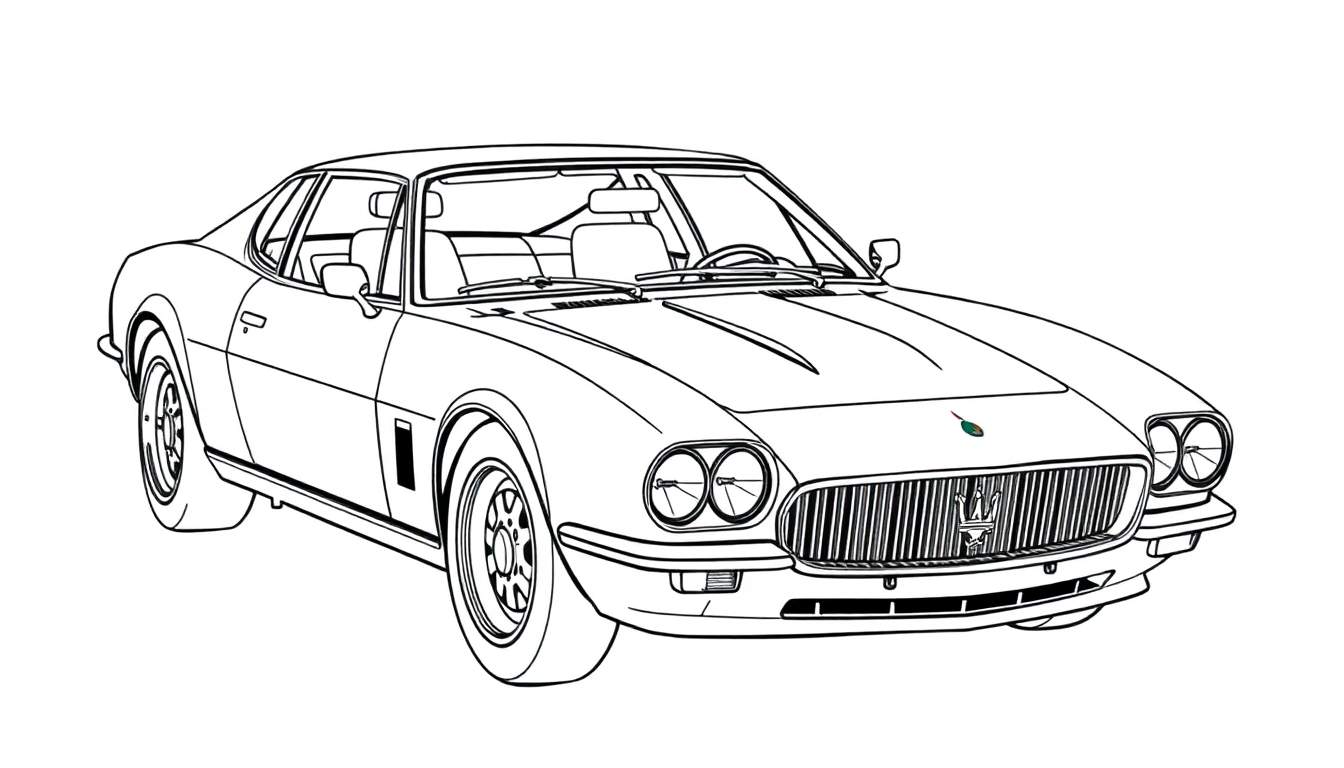 Desenho de linha de um carro esportivo vintage com capô longo, teto coupé e rodas arredondadas. Possui faróis duplos, grade vertical e espelhos laterais.