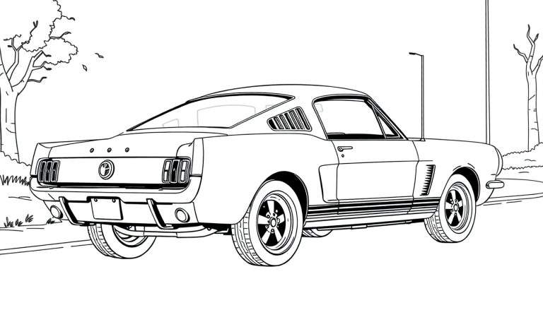 Um desenho em preto e branco de um Ford Mustang clássico visto de trás e de lado, estacionado em um cenário com árvores e um poste de luz, pronto para ser colorido em um color panel.