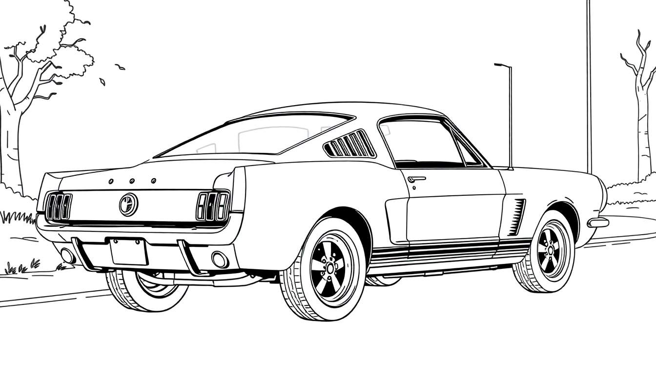 Um desenho em preto e branco de um Ford Mustang clássico visto de trás e de lado, estacionado em um cenário com árvores e um poste de luz, pronto para ser colorido em um color panel.