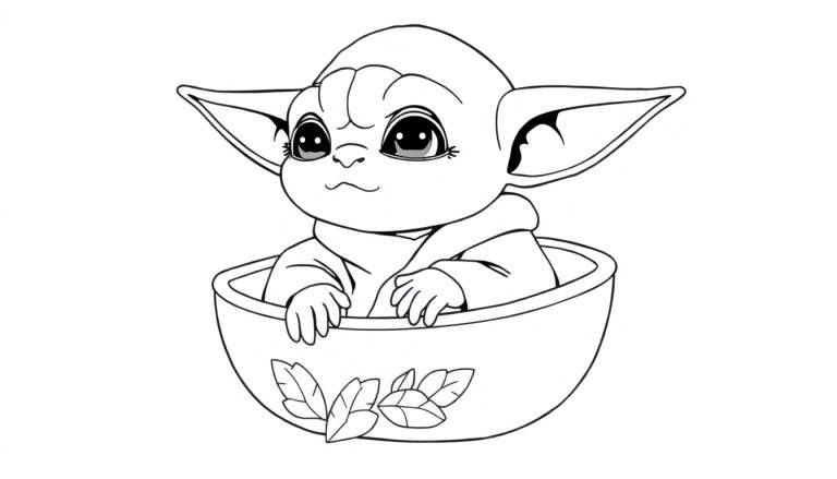 Desenho em preto e branco de Baby Yoda em um ninho decorado com folhas, pronto para ser colorido, parte de um color panel.