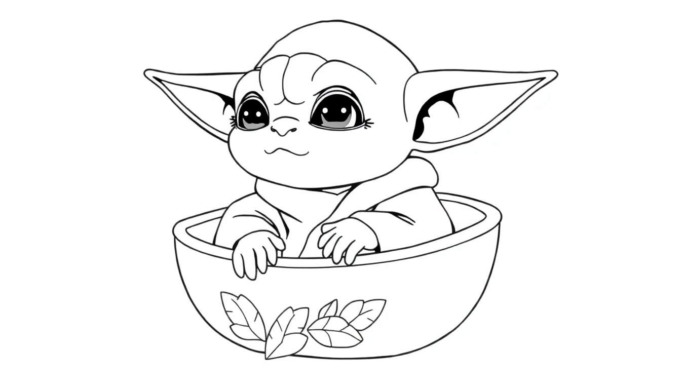 Desenho em preto e branco de Baby Yoda em um ninho decorado com folhas, pronto para ser colorido, parte de um color panel.
