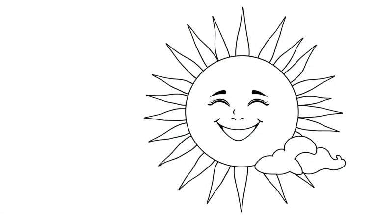 Um sol sorridente desenhado em preto e branco com raios finos e pontudos, ao lado de uma nuvem fofa.