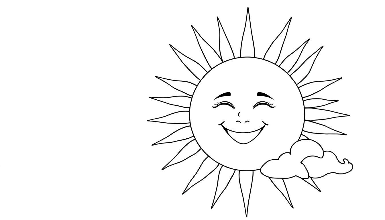 Um sol sorridente desenhado em preto e branco com raios finos e pontudos, ao lado de uma nuvem fofa.