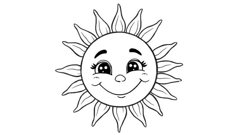 Um sol sorridente em preto e branco com raios em forma de pétalas, olhos grandes e bochechas redondas, pronto para ser colorido.