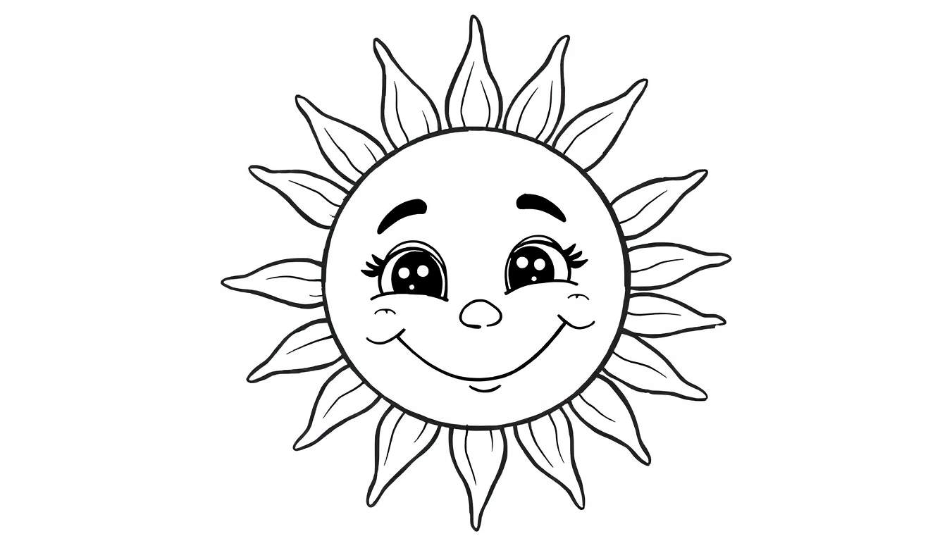 Um sol sorridente em preto e branco com raios em forma de pétalas, olhos grandes e bochechas redondas, pronto para ser colorido.