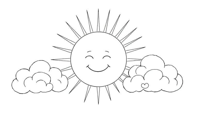 Sol sorridente com nuvens fofas em um color panel.