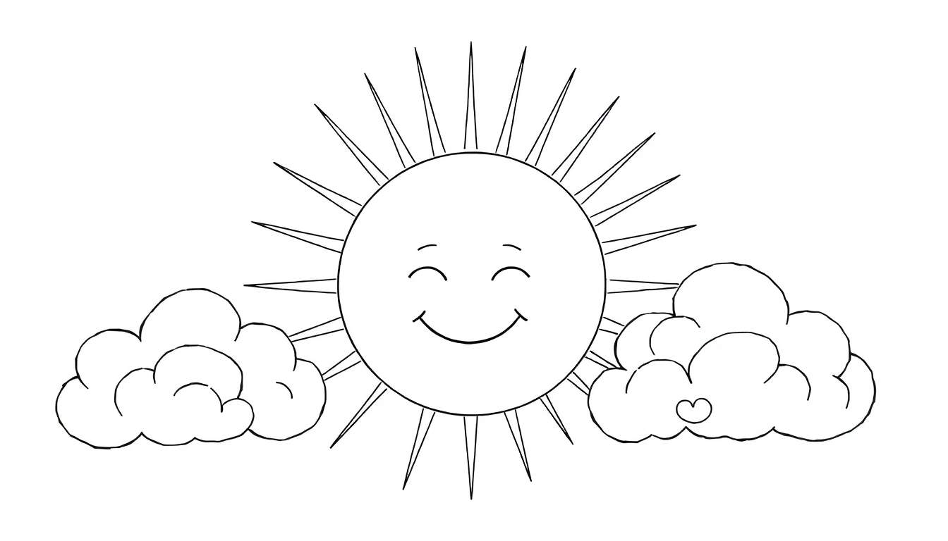 Sol sorridente com nuvens fofas em um color panel.
