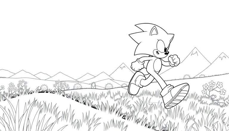 Desenho em preto e branco de Sonic correndo em um campo com montanhas, estilo color panel.