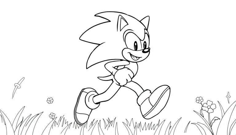Sonic the Hedgehog correndo em um campo, um desenho em preto e branco para colorir, color panel.