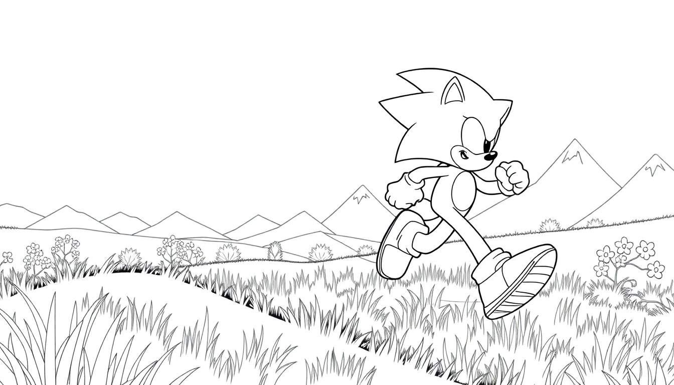 Desenho em preto e branco de Sonic correndo em um campo com montanhas, estilo color panel.