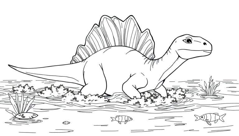 Desenho de linha de um Spinosaurus com vela nas costas nadando em um corpo d'água, com peixes e plantas, em estilo de livro de colorir.