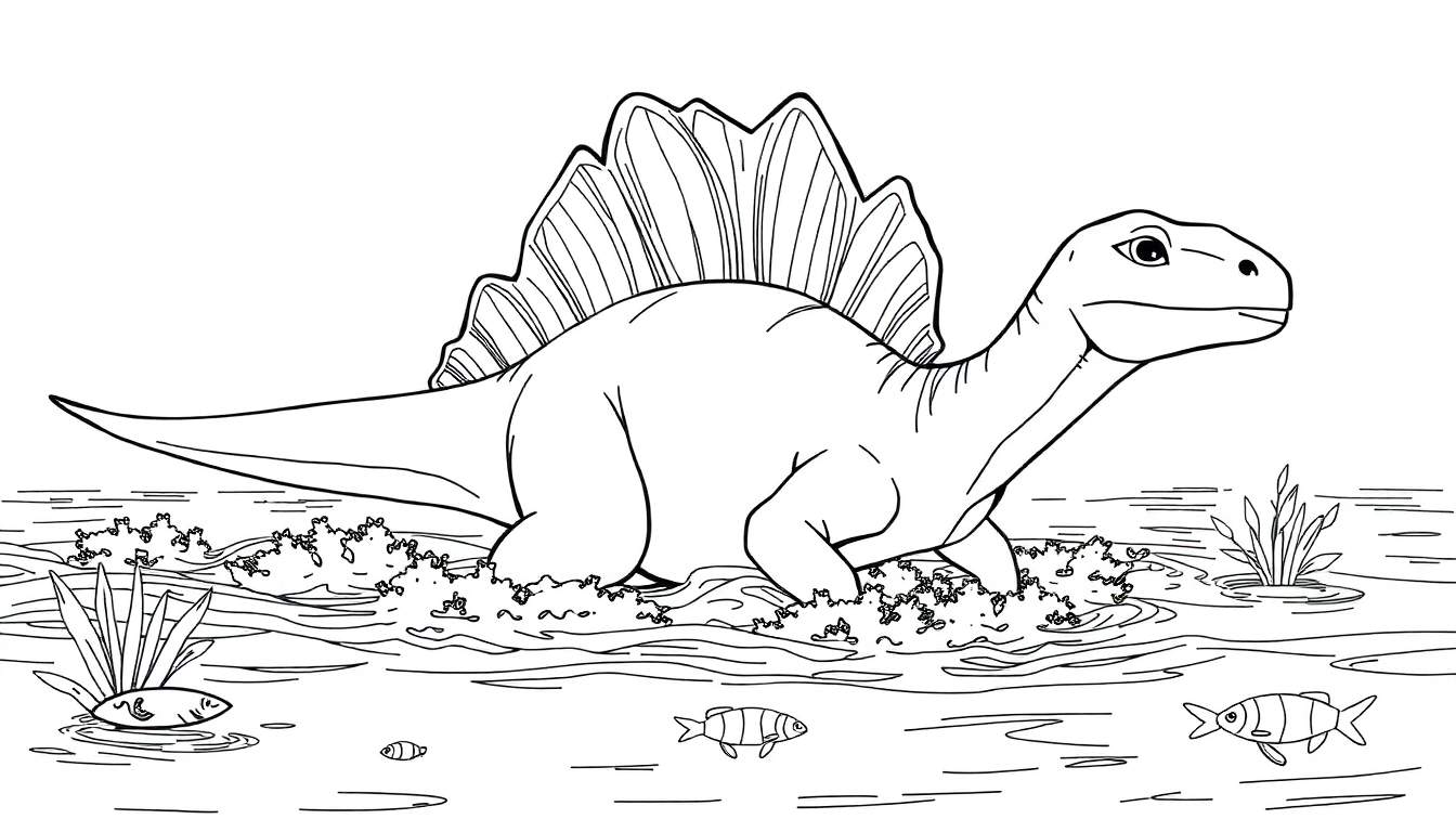 Desenho de linha de um Spinosaurus com vela nas costas nadando em um corpo d'água, com peixes e plantas, em estilo de livro de colorir.