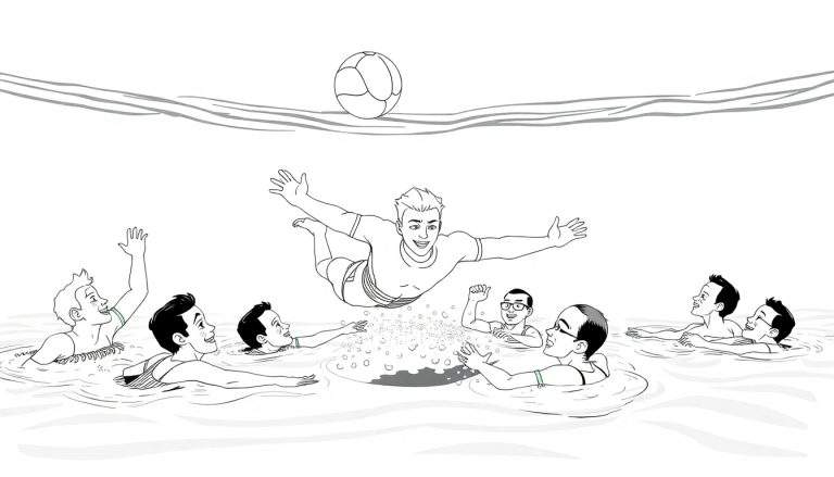 Um grupo de rapazes sorriem enquanto um deles salta para a piscina com uma bola pairando no ar.