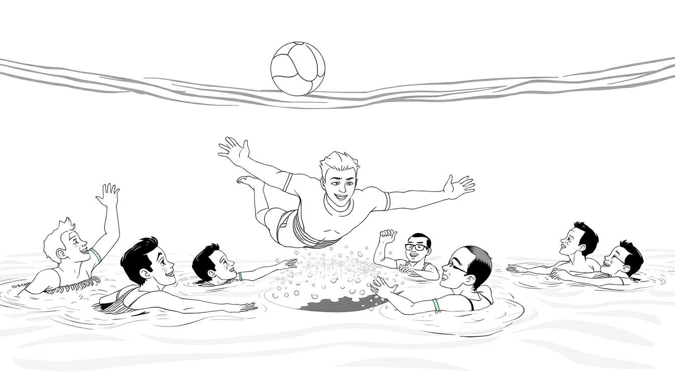 Um grupo de rapazes sorriem enquanto um deles salta para a piscina com uma bola pairando no ar.