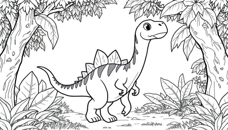 Desenho de um Stegosaurus amigável para colorir em uma selva.