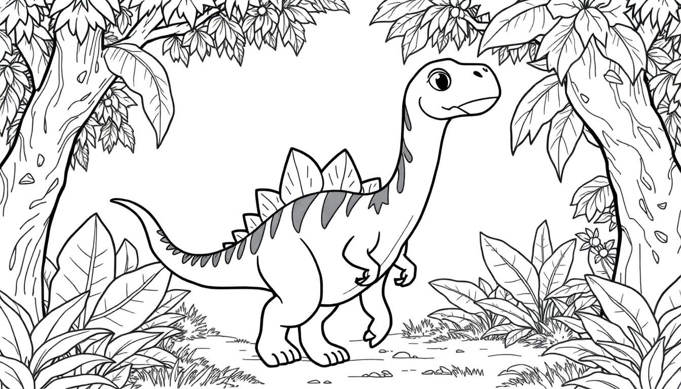 Desenho de um Stegosaurus amigável para colorir em uma selva.